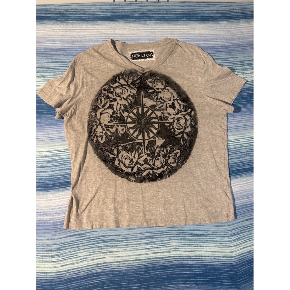 Upcycled Block Print Sun Rose Compass Tee Heather Grey Fits M-L Sun Collection